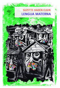 Grabado blanco y negro de mujeres amordazadas encerradas en sus casas y vigiladas por hombres armados. De sus bocas tapadas surgen letras de colores.